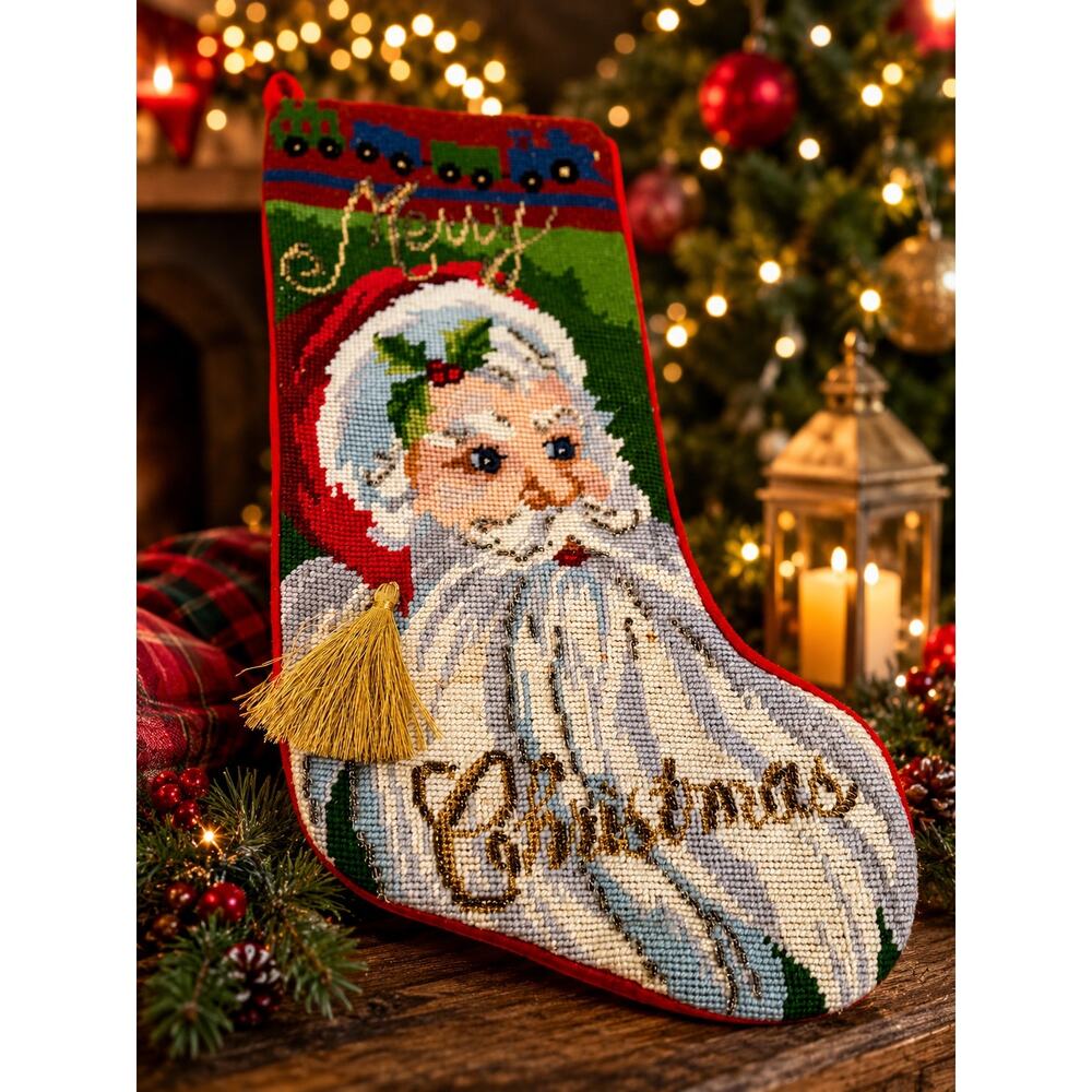 Vintage Wool Santa Claus Needlepoint by Hand Beaded "Merry Christmas" Stocking